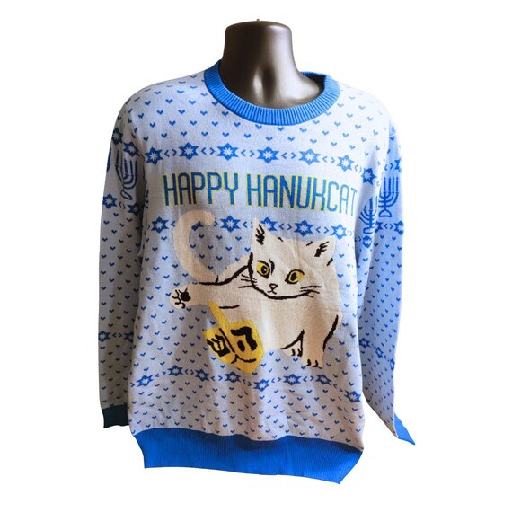 Mad Engine Men's Sweater Happy Hanukcat Cat Graphic Size XXL - Picture 1 of 3